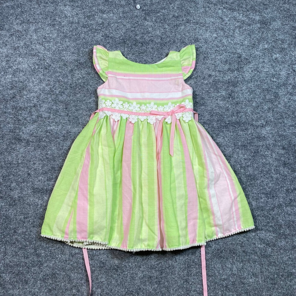 Rare Editions Girls Green Pink Striped Lace Flutter Sleeve Dress Size 4 E346759